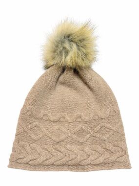 White Pine 100% Cashmere Cable Knit Faux Fur Pom Pom Beanie Camel